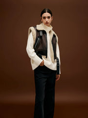 Sherpa Lined Shearling Trendy Leather Biker Crop Vest Vests
