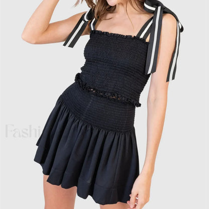 Shirred Tie Shoulder Crop Cami Elastic Waist Shorts Two Piece Set Black / S