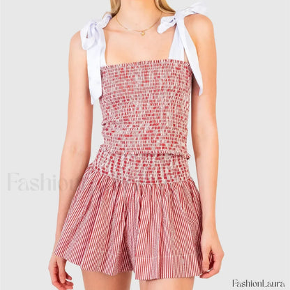 Shirred Tie Shoulder Crop Cami Elastic Waist Shorts Two Piece Set Red / S