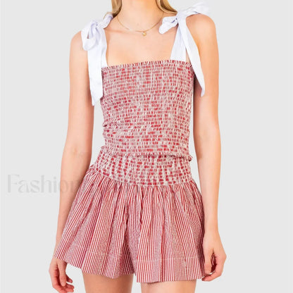 Shirred Tie Shoulder Crop Cami Elastic Waist Shorts Two Piece Set Red / S