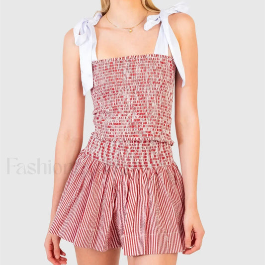 Shirred Tie Shoulder Crop Cami Elastic Waist Shorts Two Piece Set Red / S