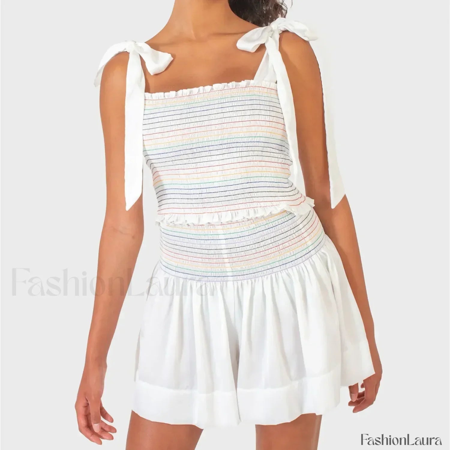 Shirred Tie Shoulder Crop Cami Elastic Waist Shorts Two Piece Set White / S