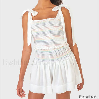 Shirred Tie Shoulder Crop Cami Elastic Waist Shorts Two Piece Set White / S