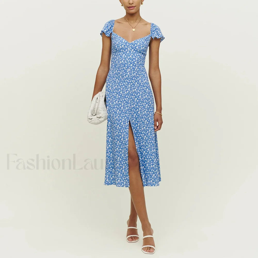 Short Sleeve Slit Floral Dress blue / S