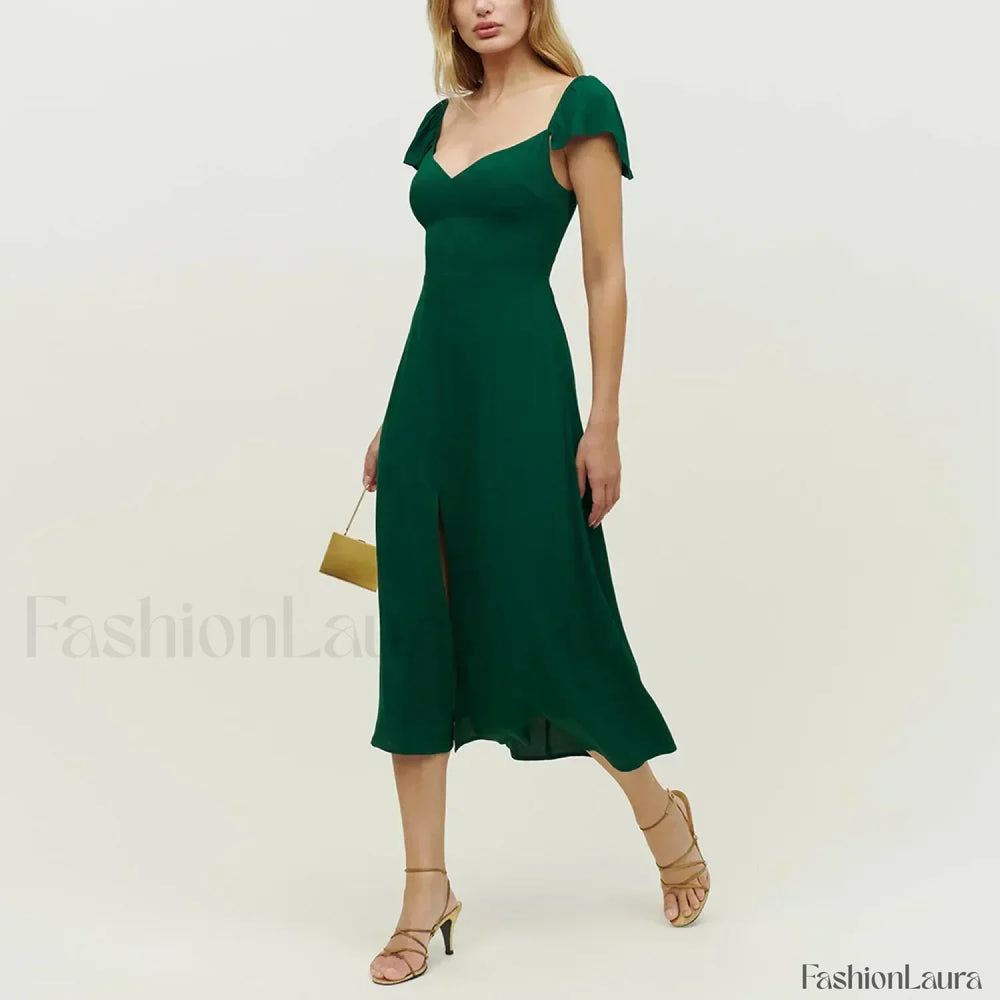 Short Sleeve Slit Floral Dress green / S