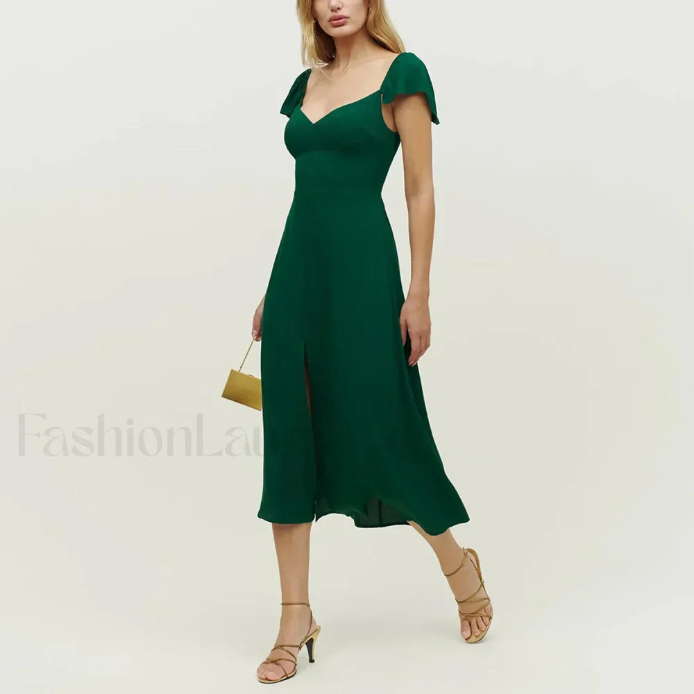 Short Sleeve Slit Floral Dress green / S