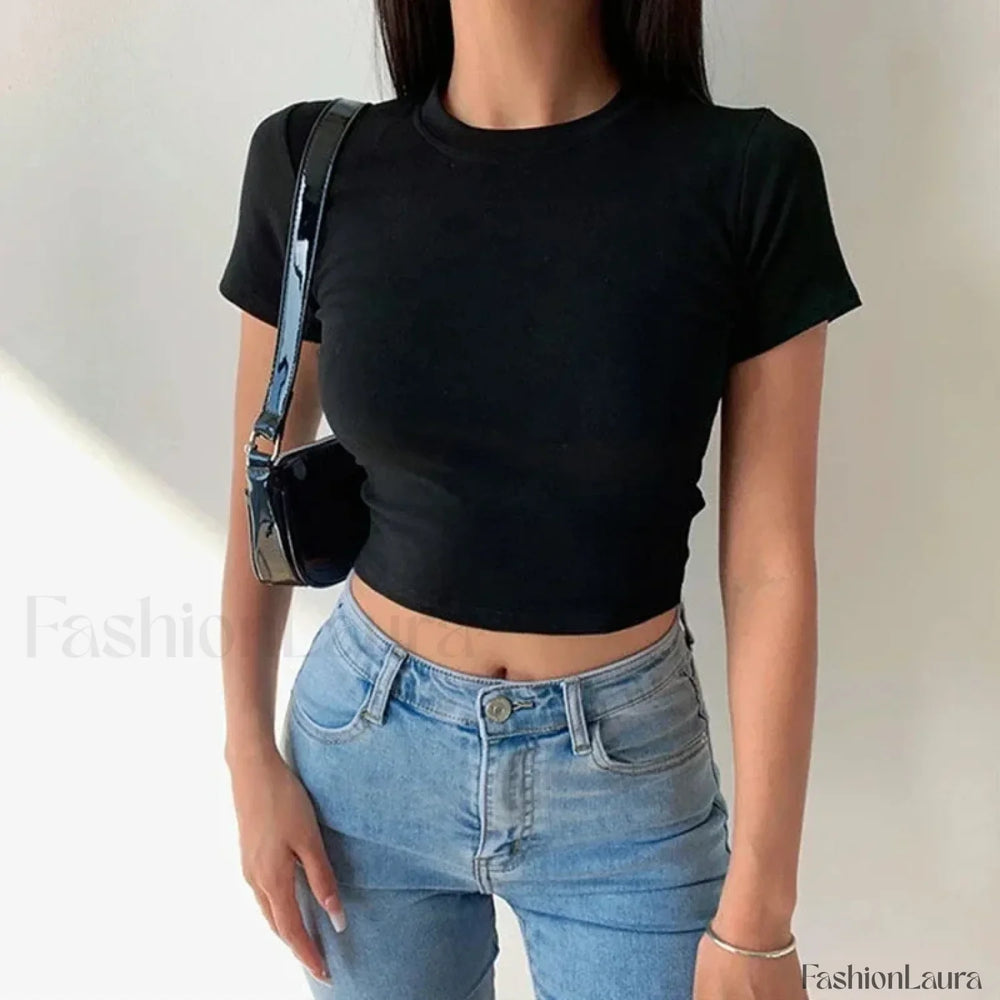 Short Sleeve Solid Simple Casual Crop Top Black / S