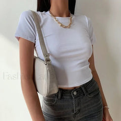 Short Sleeve Solid Simple Casual Crop Top White / S