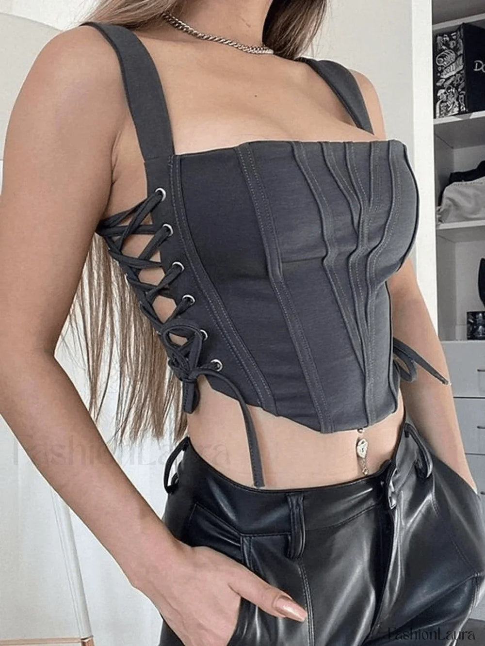 Side Lace Up Corset Top Gray / S Tops&Tees