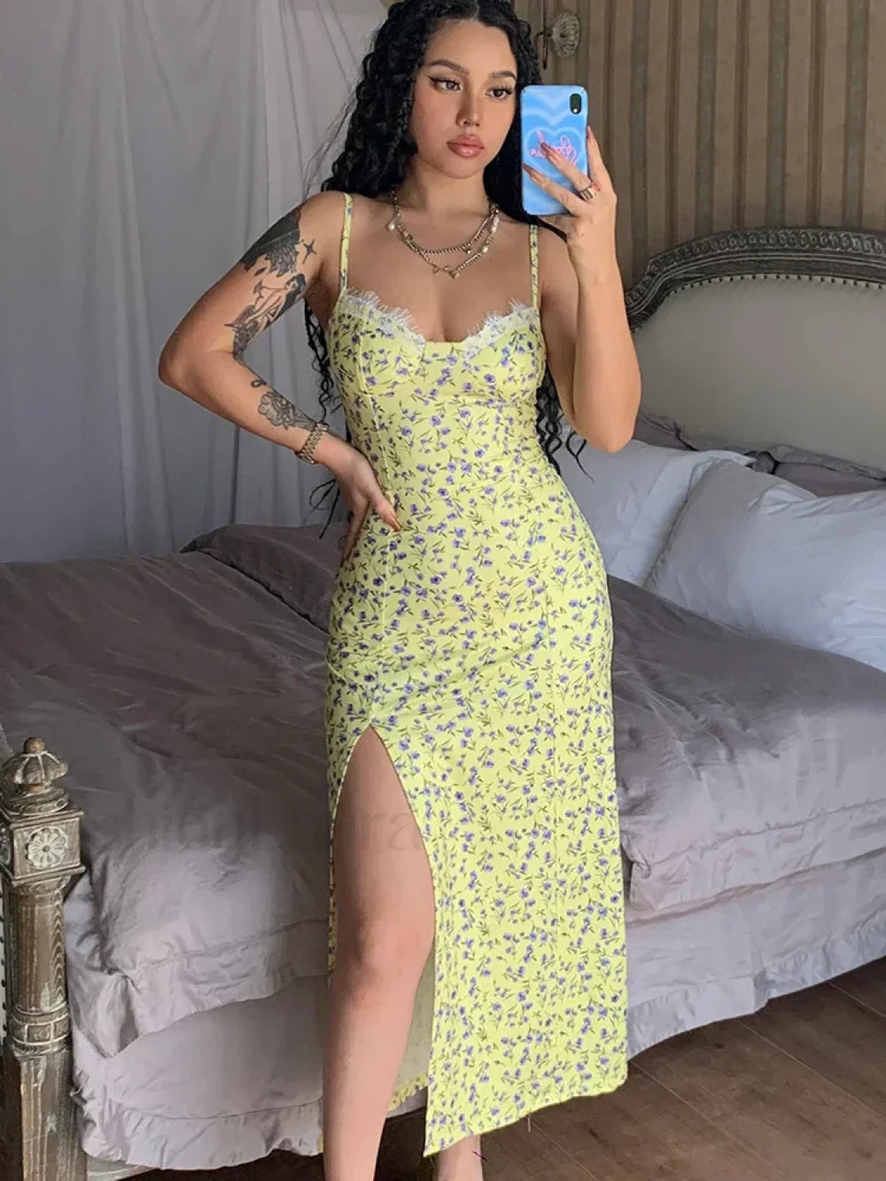 Side Slit Bodycon Floral Dress Yellow / S