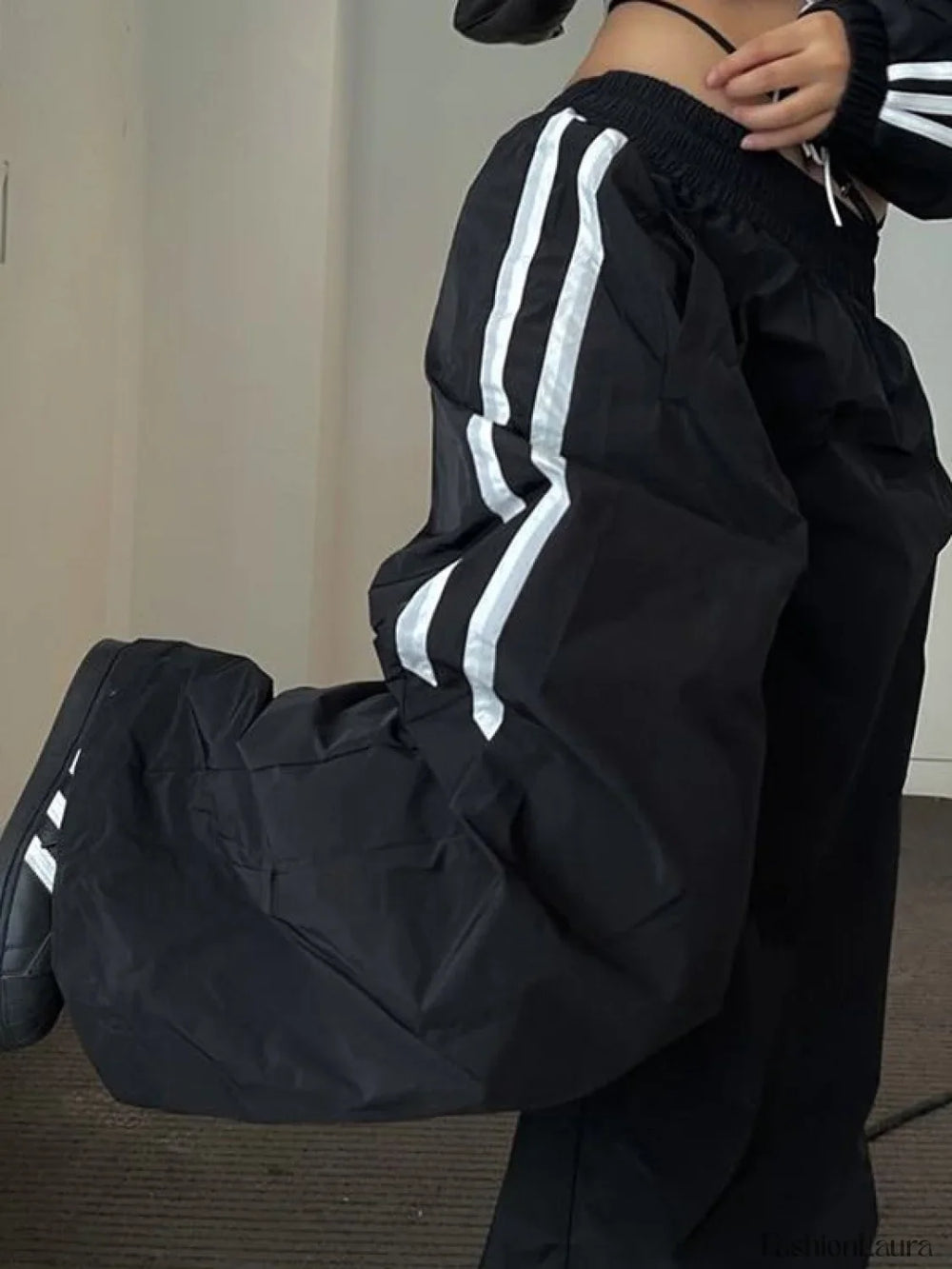 Side Striped Black Wide Leg Pants Black / S Wide Leg Pants