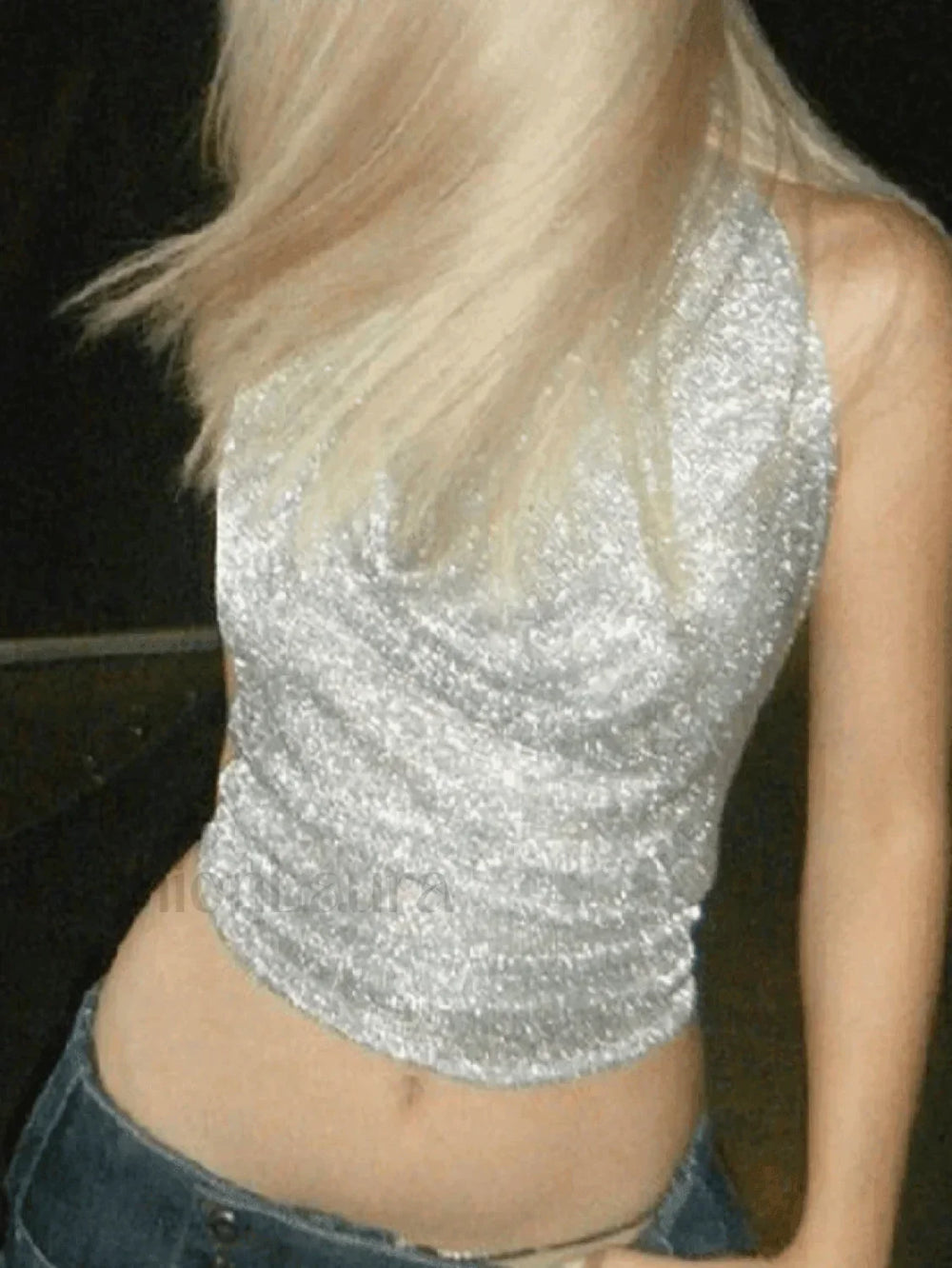 Silver Halter Cropped Tank Top Tops&Tees