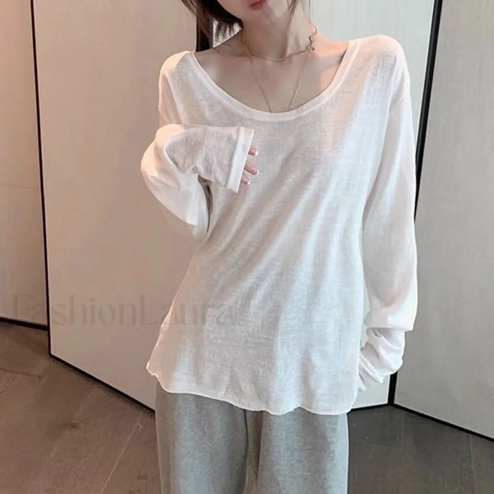 Simple Solid Color Long Sleeve Tee White / L Tops&Tees