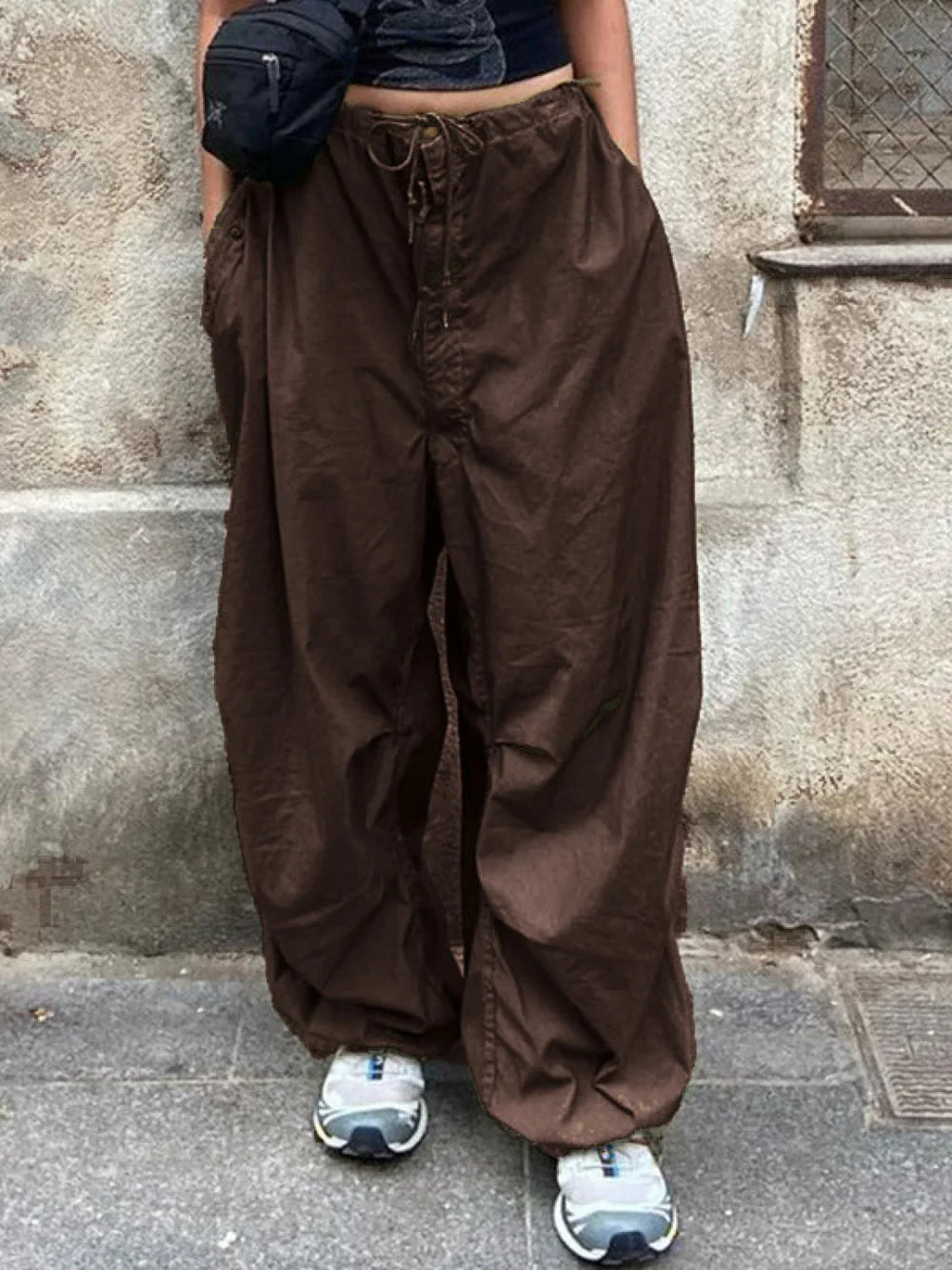 Size Friendly Low Waist Parachute Cargo Pants Brown / XL Cargo Pants