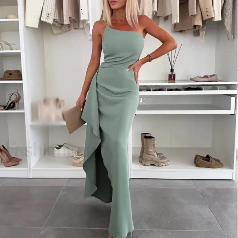 Skew Neck Wrap Split Maxi Dress 03 Green / S