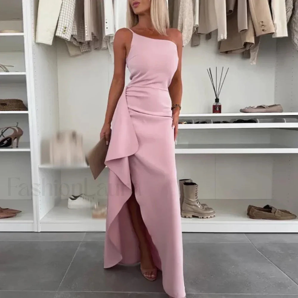 Skew Neck Wrap Split Maxi Dress 04 Pink / S