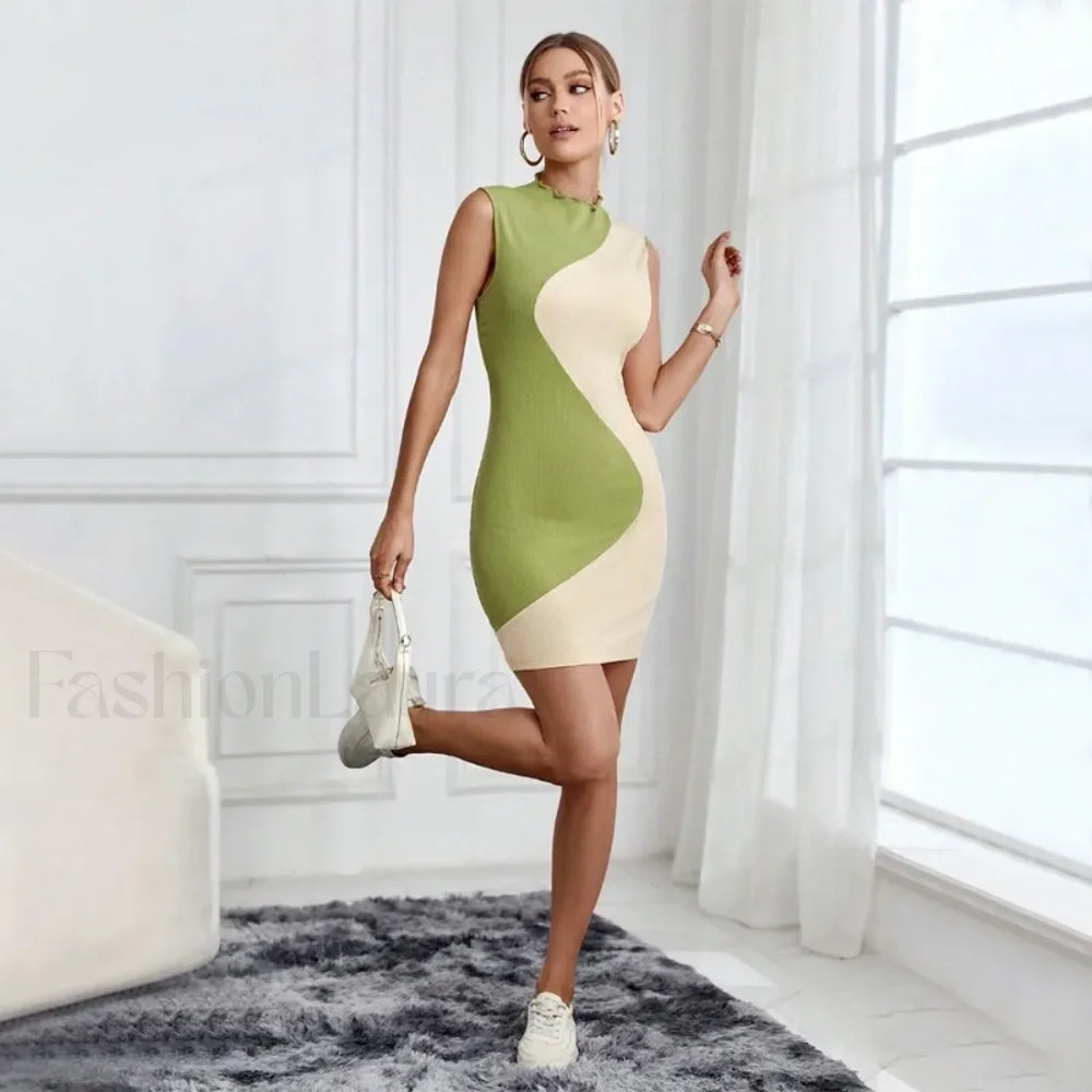 Skinny Knitted Summer Women’s 2024 New Patchwork Sleeveless Slim Elastic High Waist Hip Wrap Mini Dress