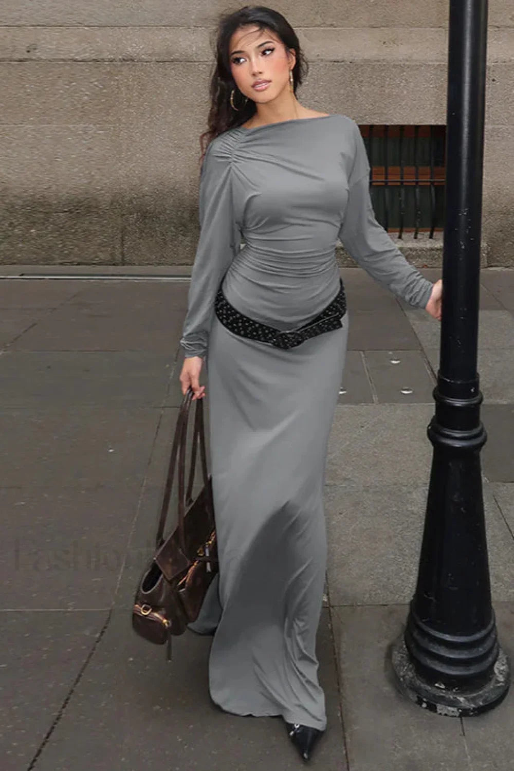 Slant Neck Pleated Slim Fit Celebrity Temperament Maxi Dress Grey / S