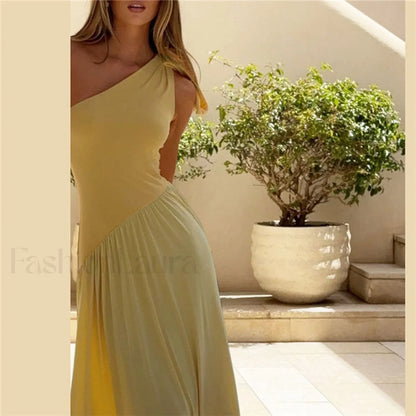 Slanted Shoulder Strap Split Waist Spliced Maxi Dress