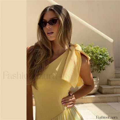 Slanted Shoulder Strap Split Waist Spliced Maxi Dress