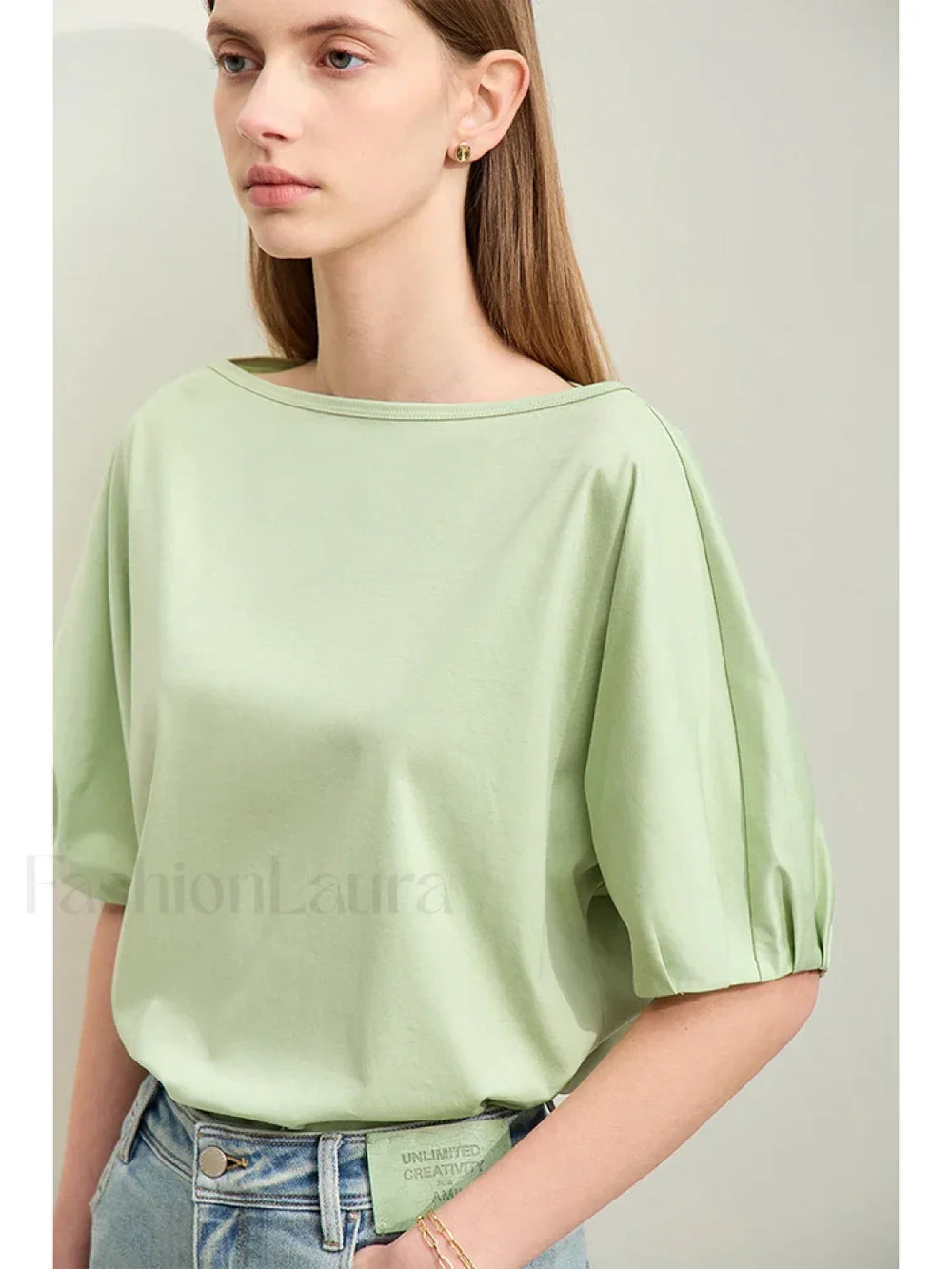 Slash Neck Lantern Sleeve T Shirt Nutmeg green / S
