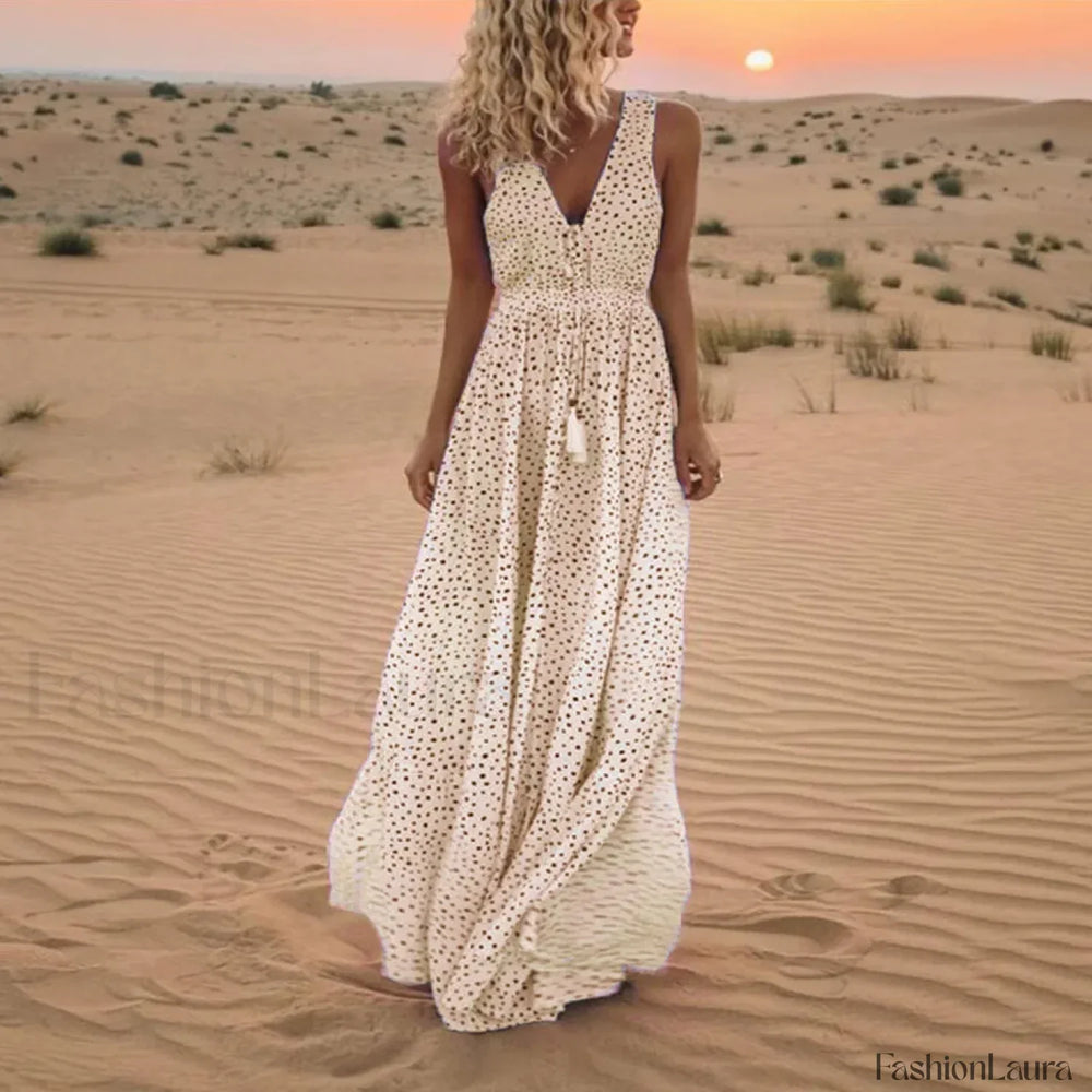 Sleeveless A Line Patchwork Boho Dress Beige / S