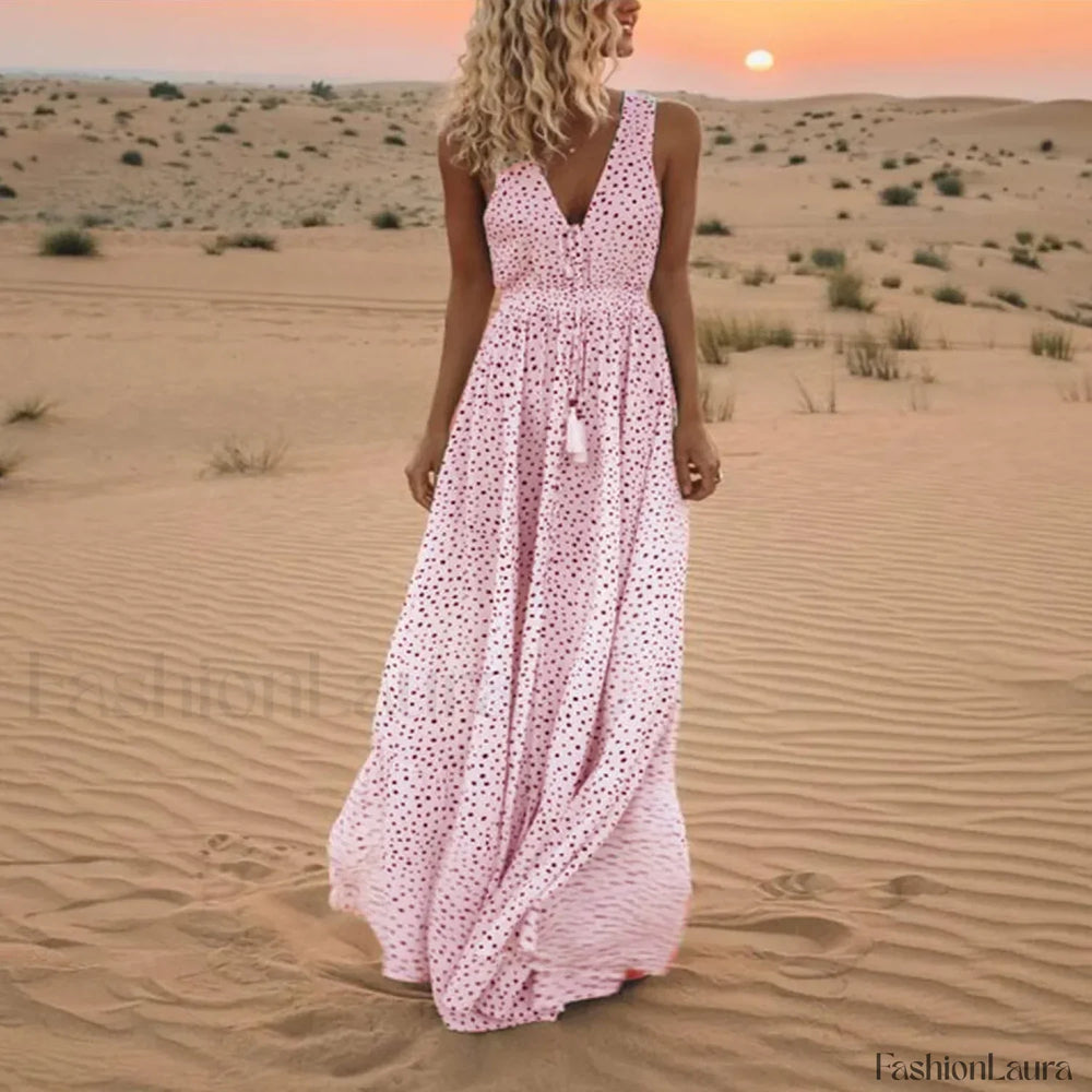 Sleeveless A Line Patchwork Boho Dress Pink / S