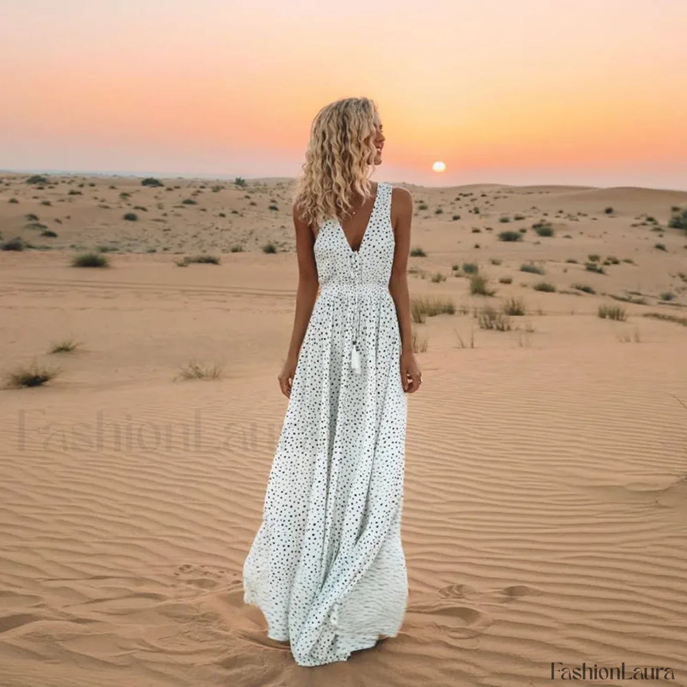 Sleeveless A Line Patchwork Boho Dress WHITE / S