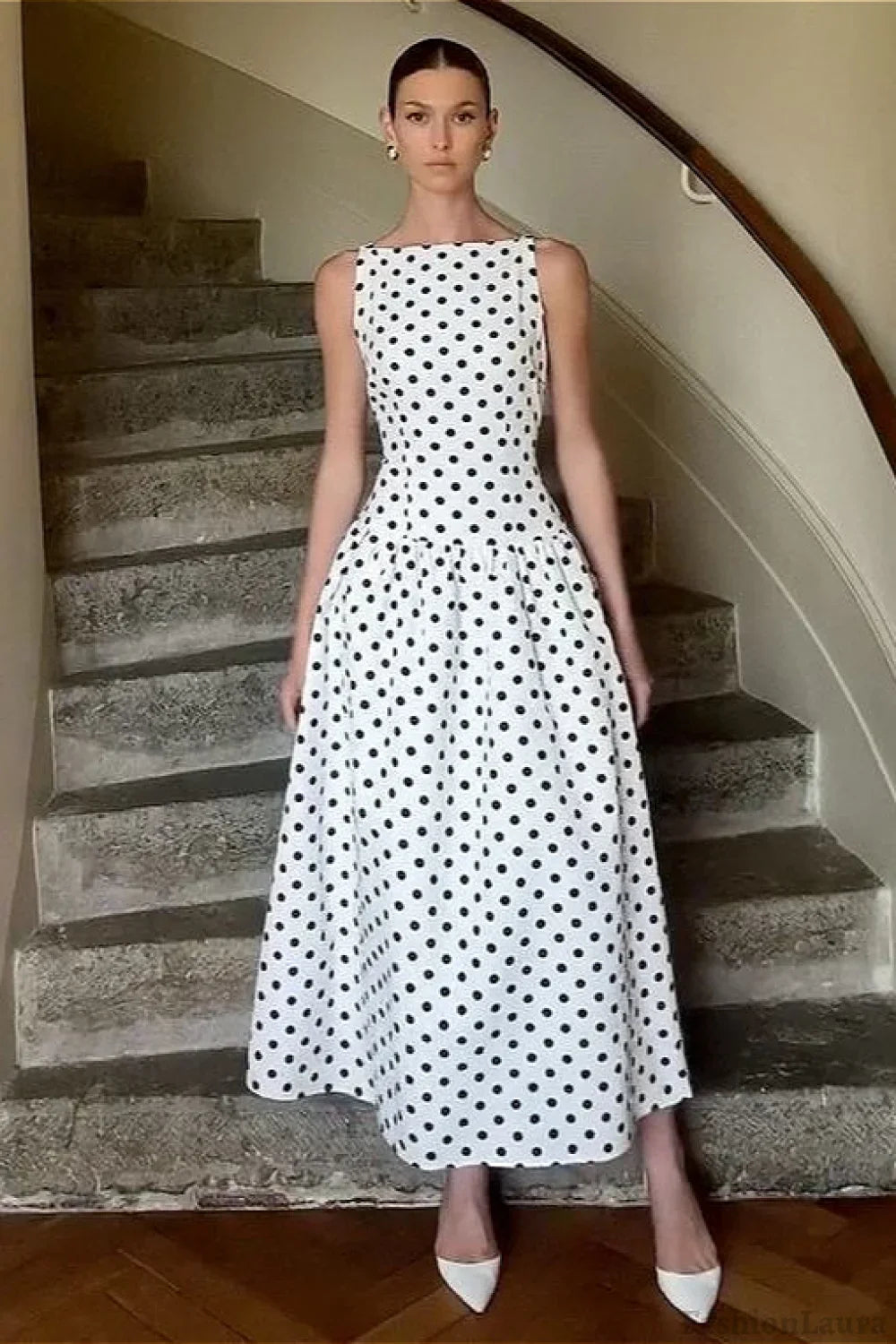 Sleeveless Polka Dot Casual Maxi Dress