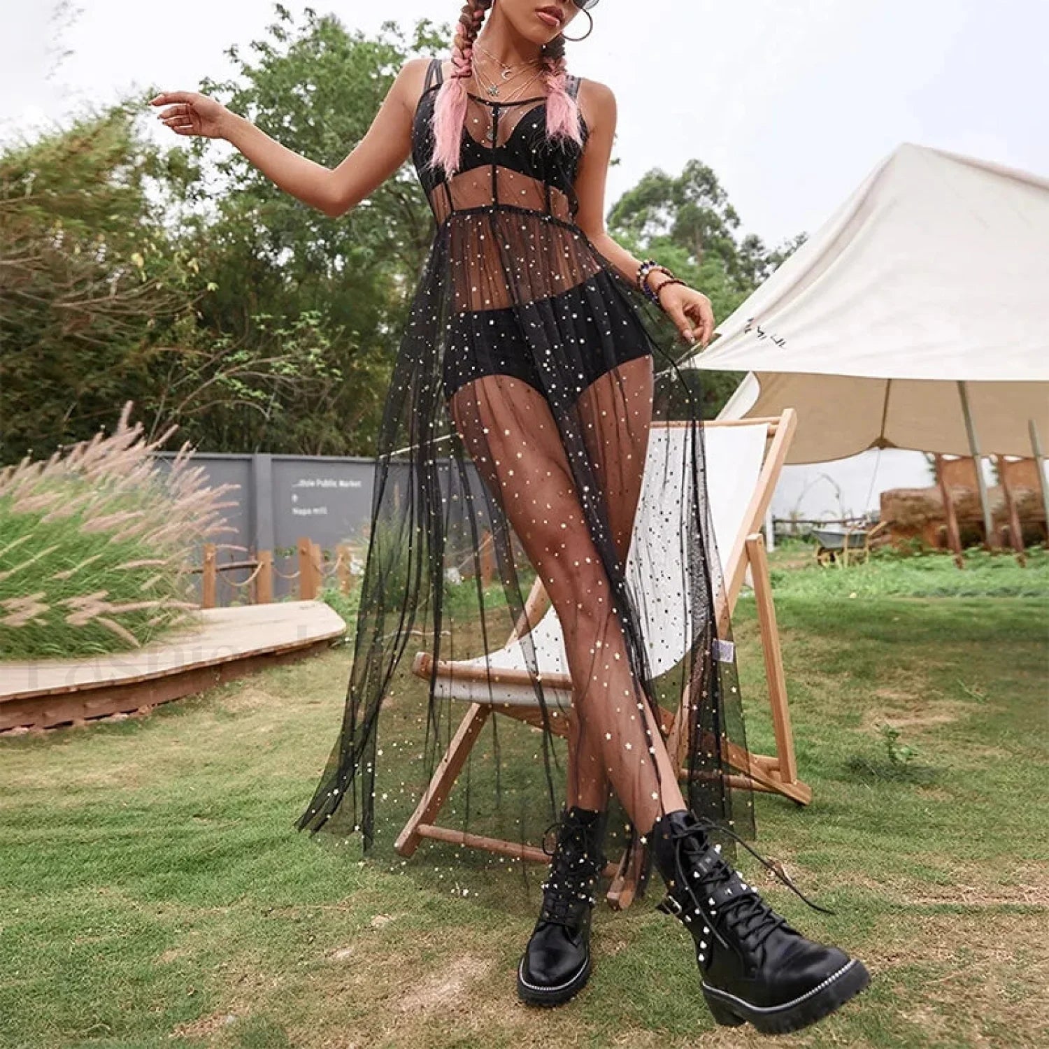 Sleeveless Square Neck Sequined Split Cover Up