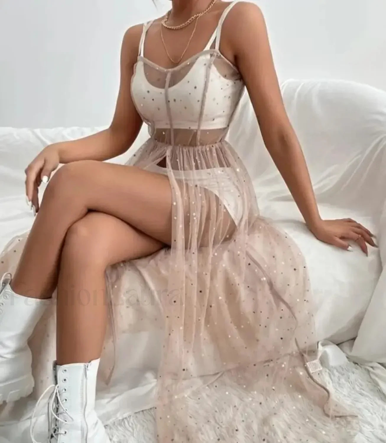 Sleeveless Square Neck Sequined Split Cover Up