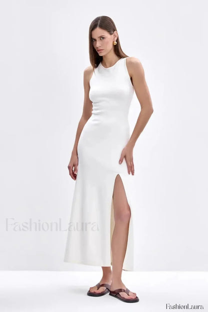 Sleeveless Split Bodycon Work Dress White / S