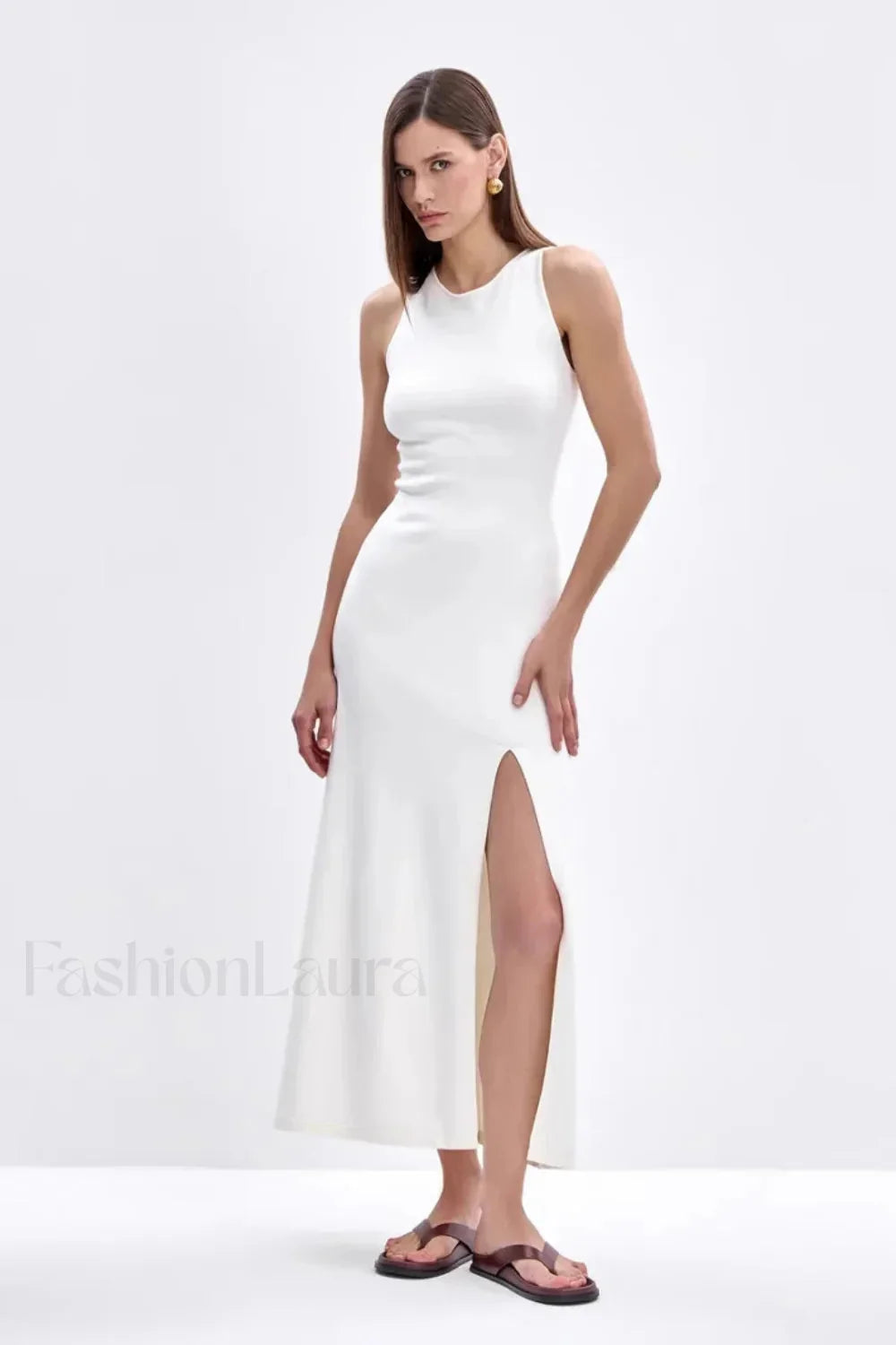 Sleeveless Split Bodycon Work Dress White / S