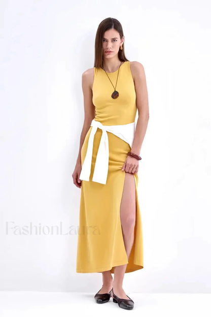 Sleeveless Split Bodycon Work Dress Yellow / S