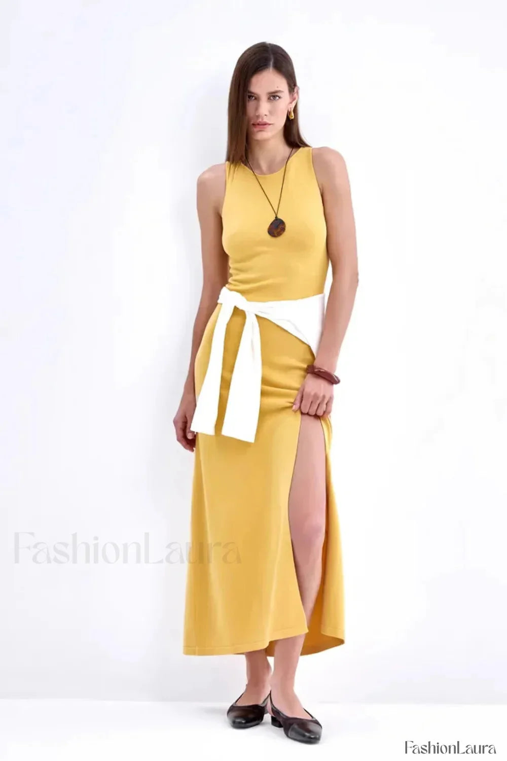Sleeveless Split Bodycon Work Dress Yellow / S