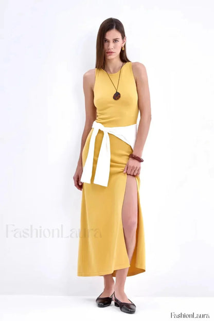 Sleeveless Split Bodycon Work Dress Yellow / S