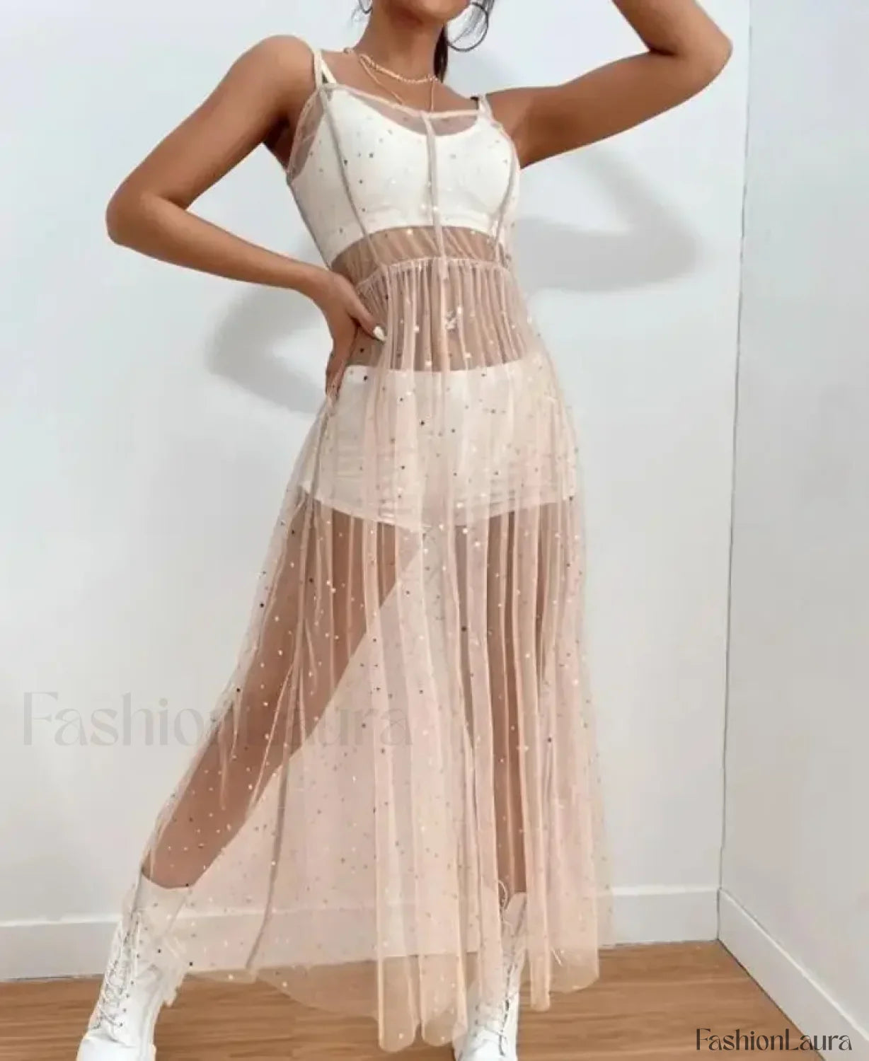 Sleeveless Square Neck Sequined Split Cover Up