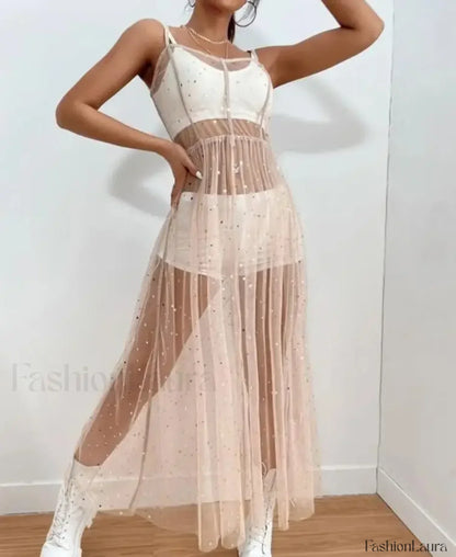 Sleeveless Square Neck Sequined Split Cover Up