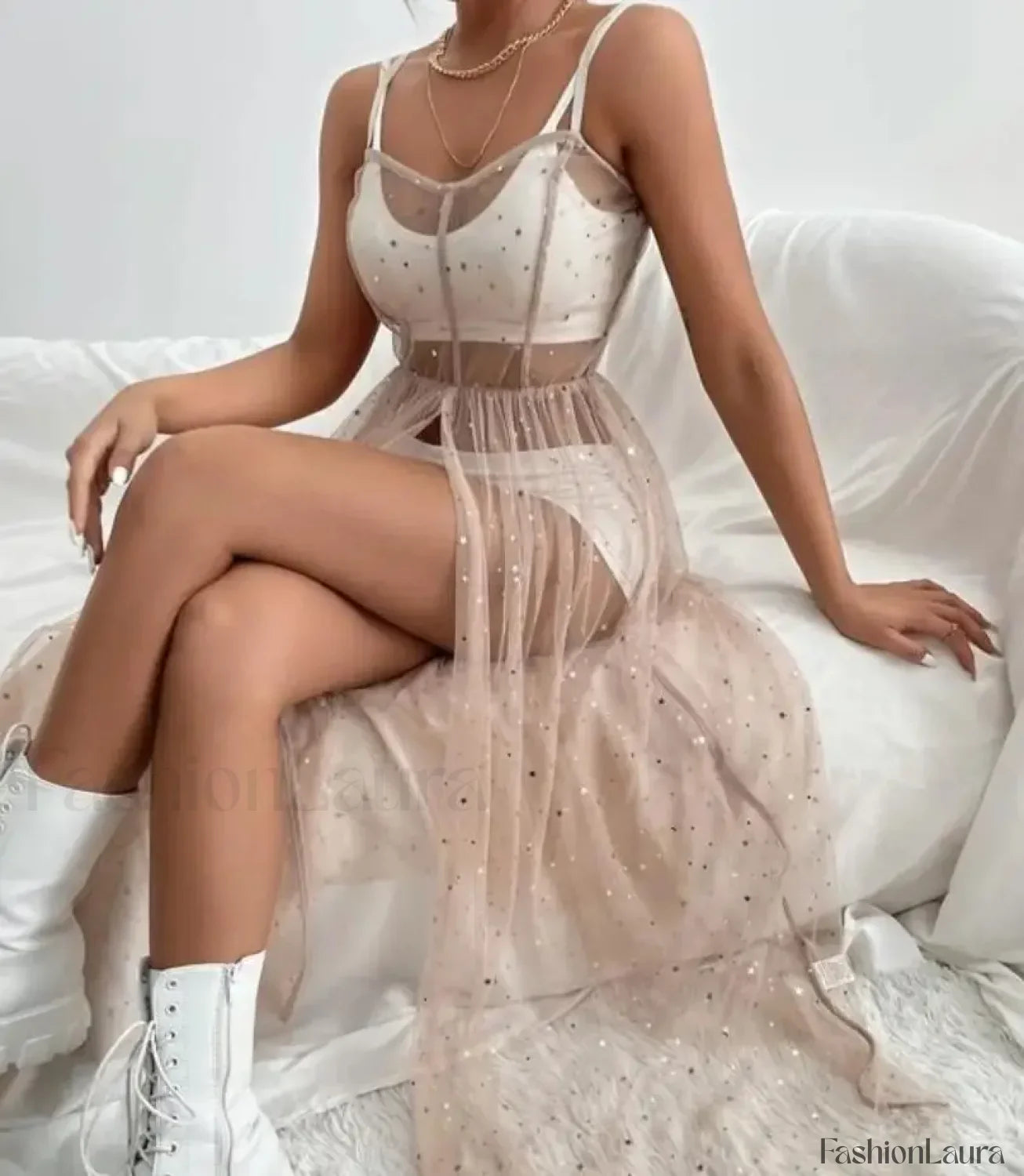 Sleeveless Square Neck Sequined Split Cover Up Light Pink / S