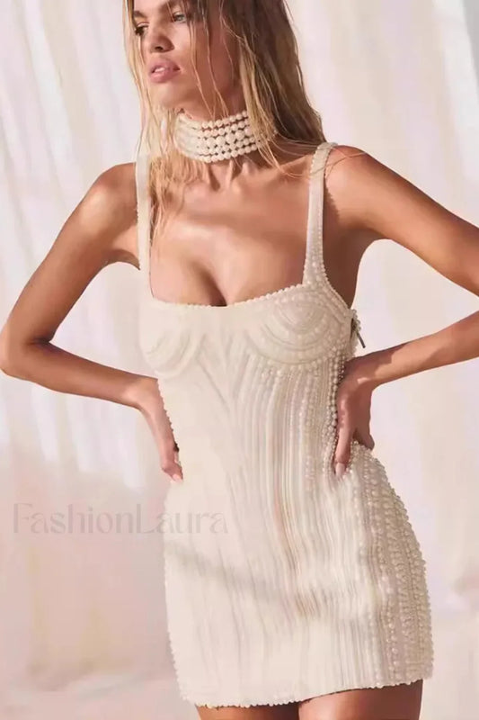Slim Beaded Strappy Evening Mini Dress White / S