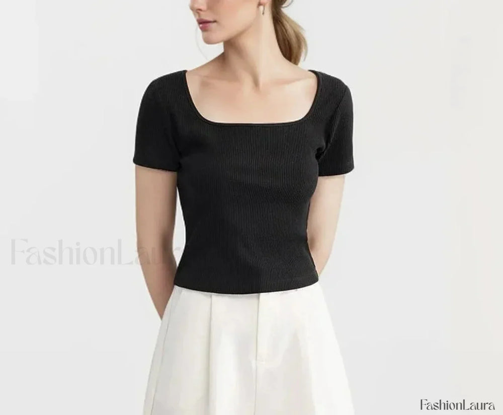Slim Elegant Square Collar Cotton T Shirt
