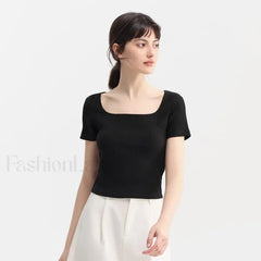 Slim Elegant Square Collar Cotton T Shirt Black / S