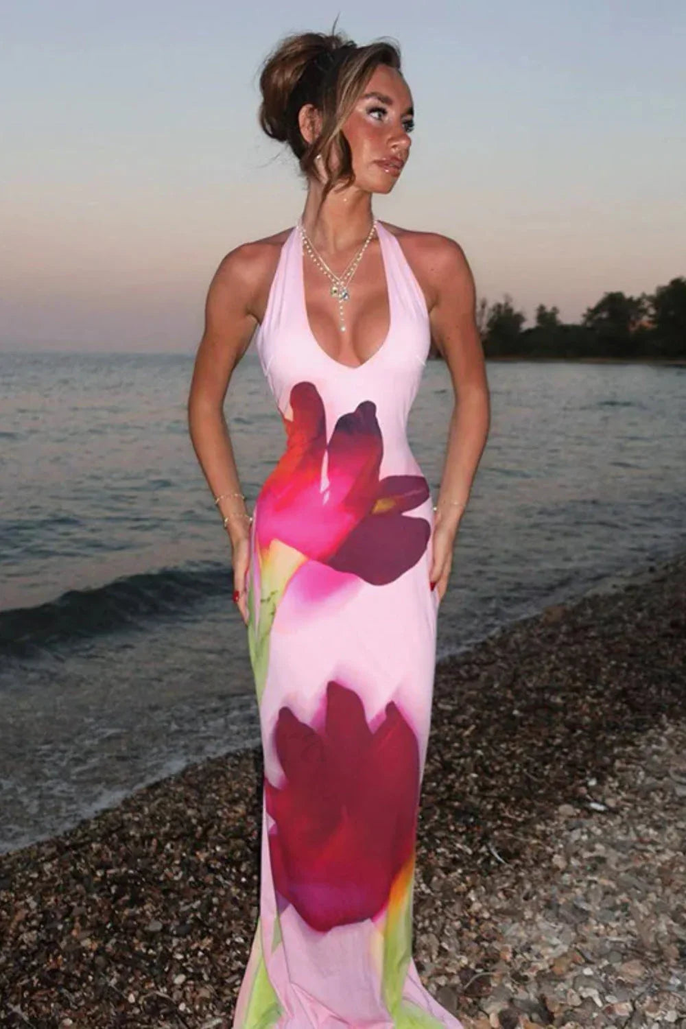 Slim Fit Hip Halter Vacation Floral Dress