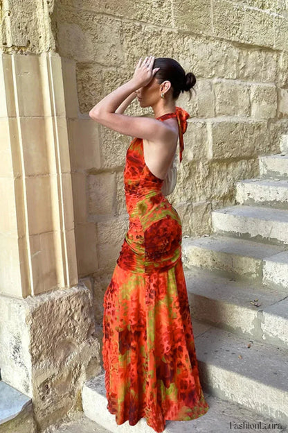 Slim Fit Printed Split End Holiday Floral Dress