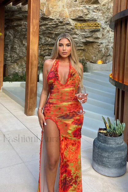 Slim Fit Printed Split End Holiday Floral Dress