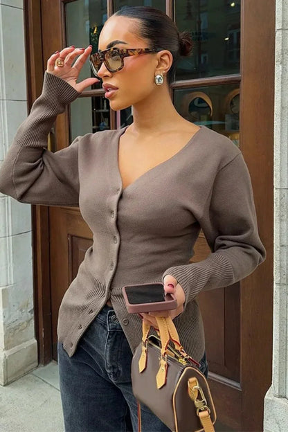 Slim Fit Ribbed Knit Sweater Brown / S