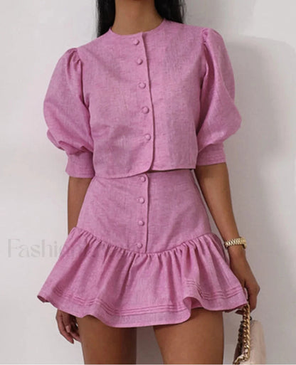 Slim Pink Cotton Crop Top High Waist Mini Skirt Two Piece Set Pink / S