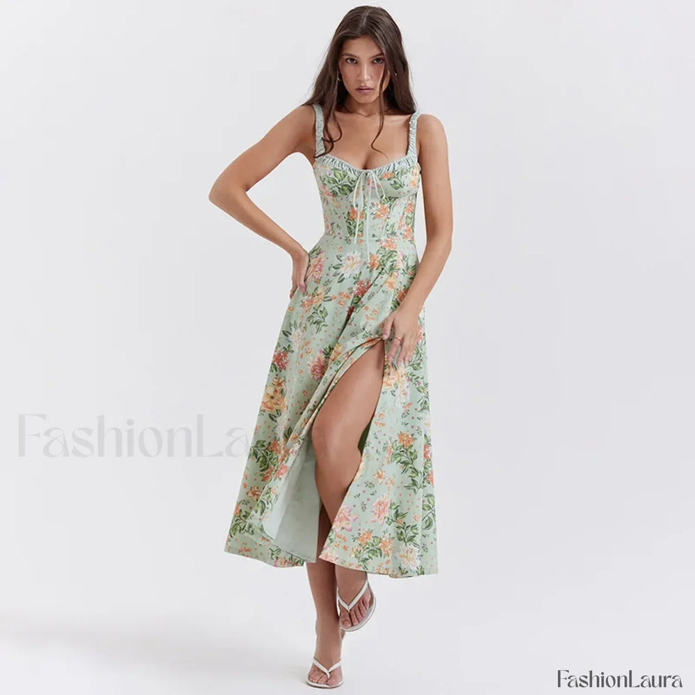 Slim Spaghetti Strap Floral Dress Green / M