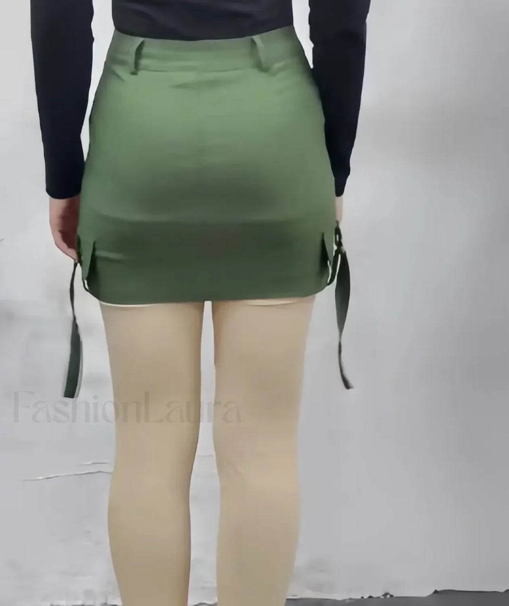 Slim Summer Army Green Cargo Pocket A Line Mini Skirt