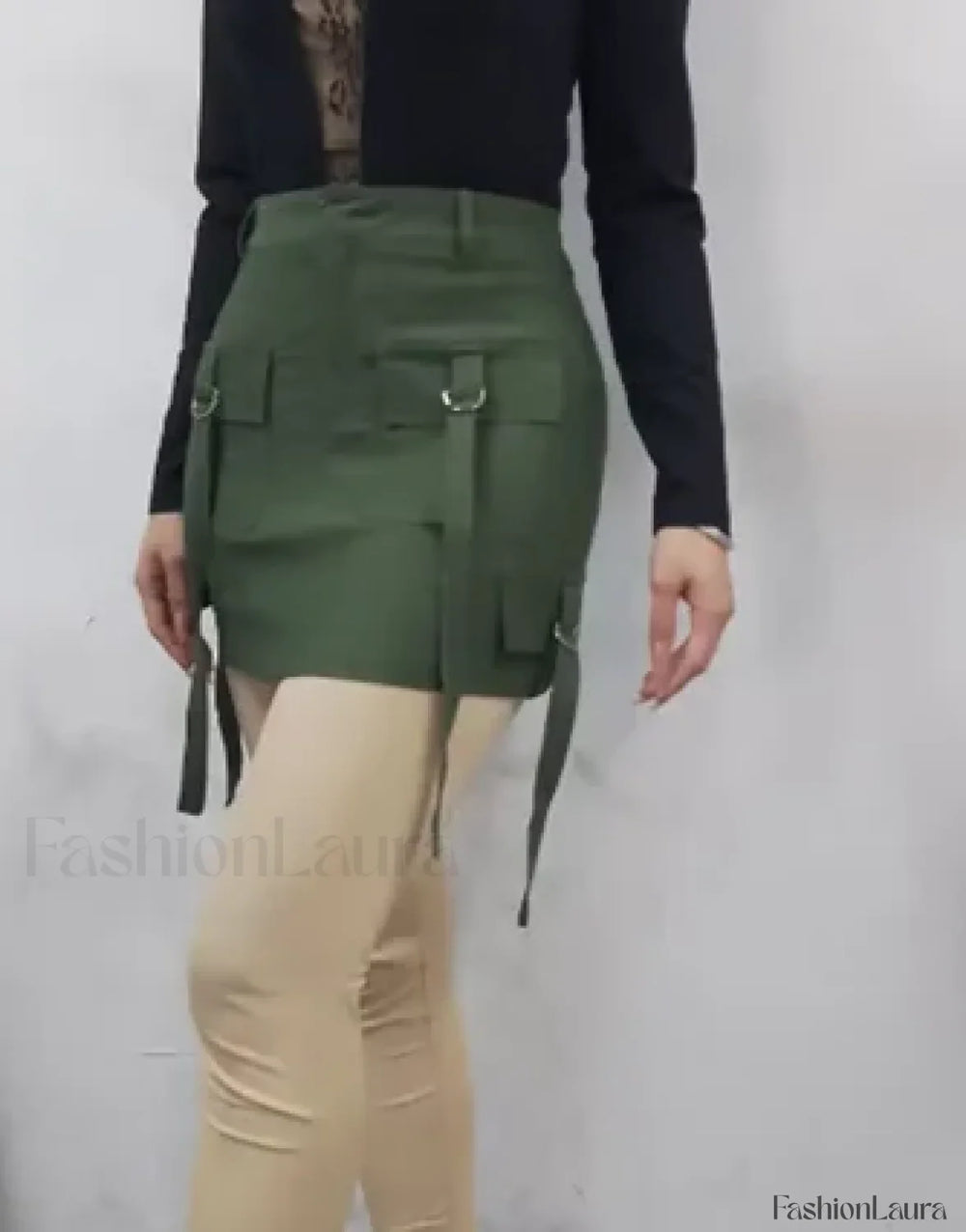 Slim Summer Army Green Cargo Pocket A Line Mini Skirt